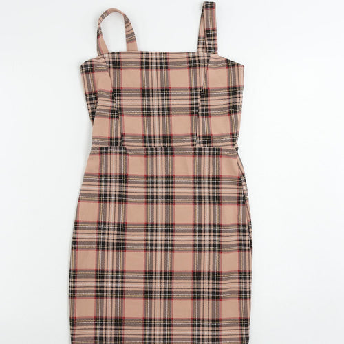I SAW IT FIRST Womens Pink Plaid Polyester Mini Size 8 Square Neck Pullover
