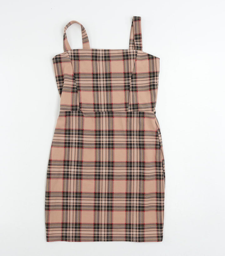I SAW IT FIRST Womens Pink Plaid Polyester Mini Size 8 Square Neck Pullover