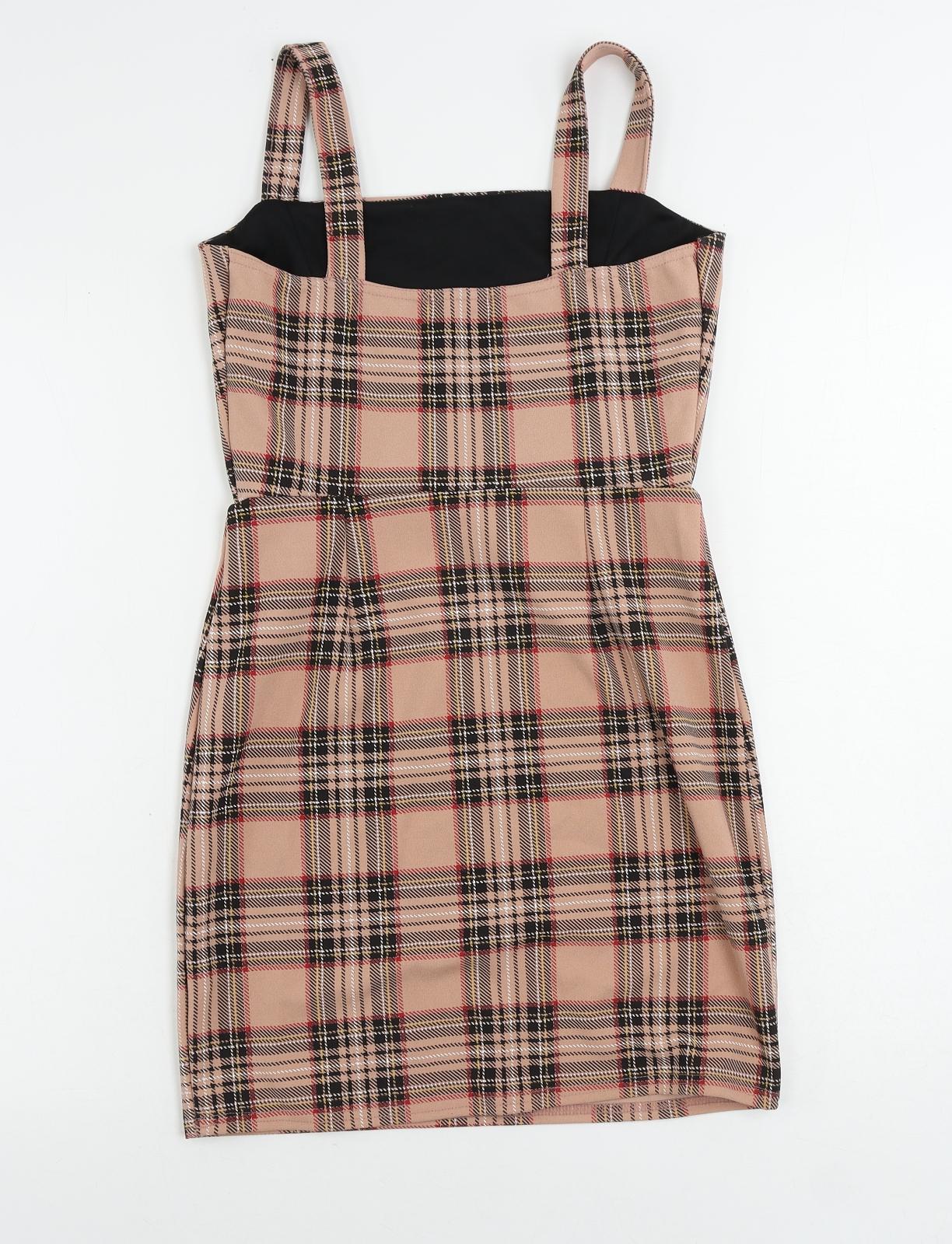 I SAW IT FIRST Womens Pink Plaid Polyester Mini Size 8 Square Neck Pullover