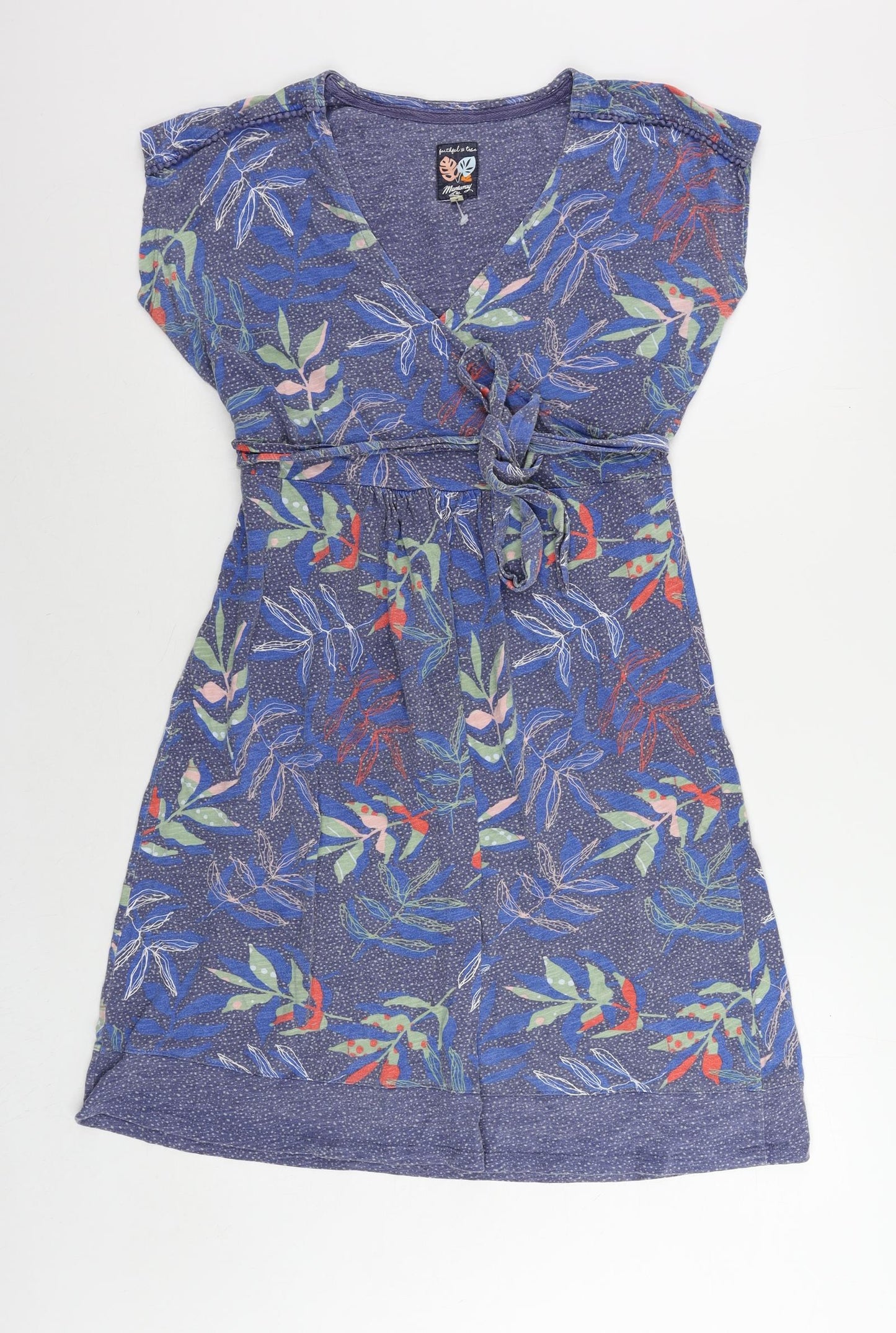 Mantaray Womens Blue Geometric Cotton A-Line Size 14 V-Neck Tie - Belted