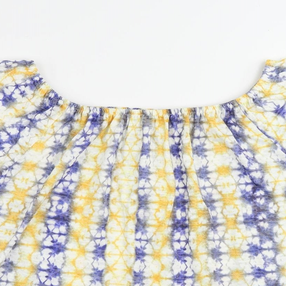 M&Co Womens Blue Geometric Polyester Basic T-Shirt Size 10 Off the Shoulder