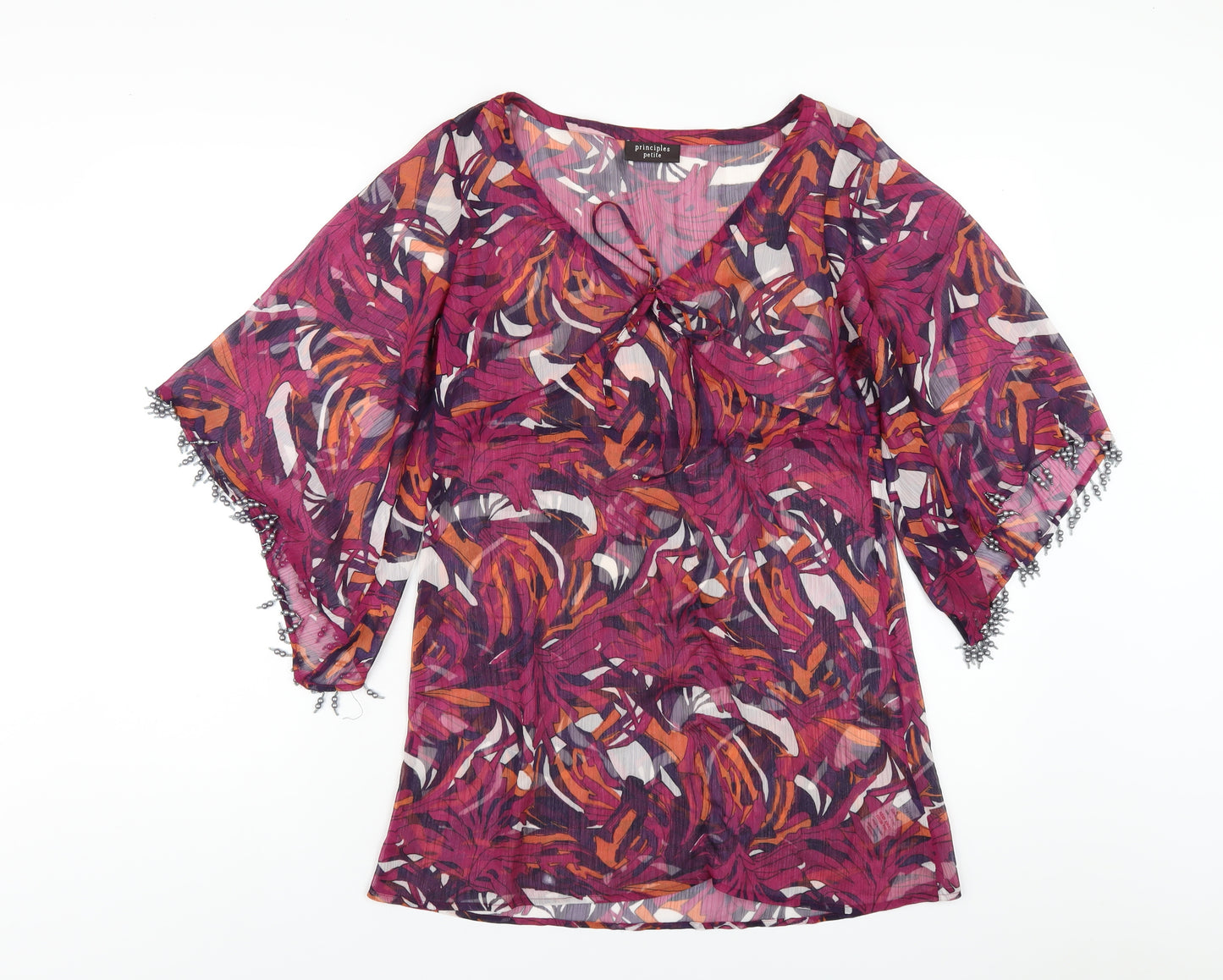 Principles Womens Multicoloured Geometric Polyester Basic T-Shirt Size 8 Scoop Neck - Beaded Sleeve Detail