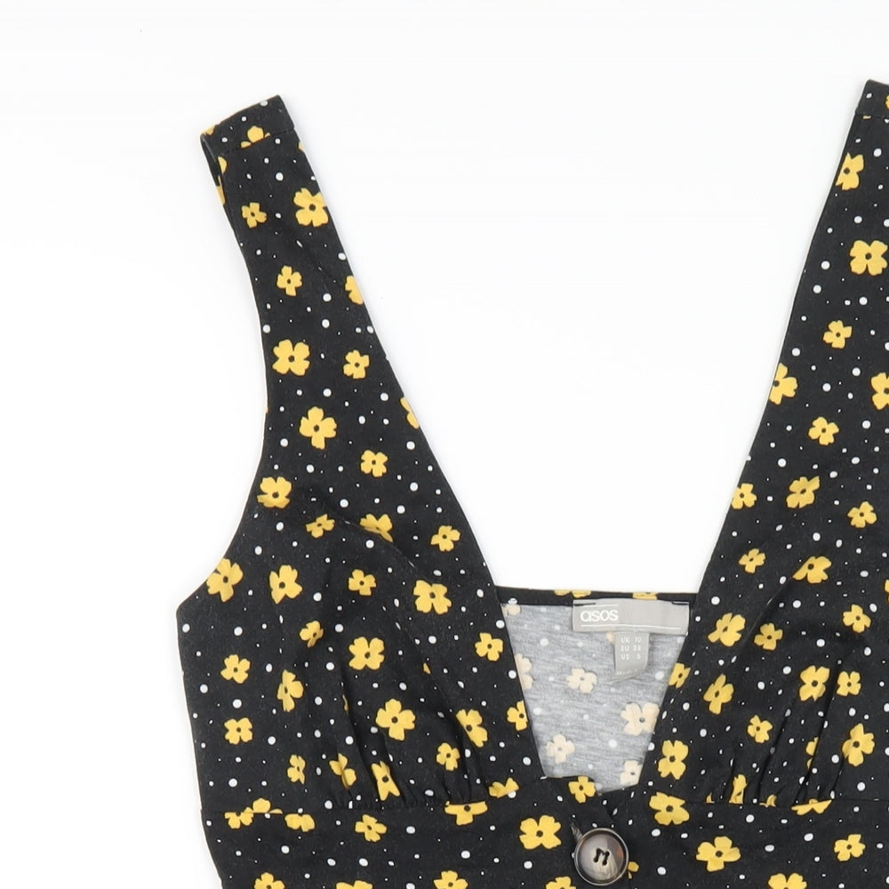 ASOS Womens Black Floral Cotton A-Line Size 10 V-Neck Pullover