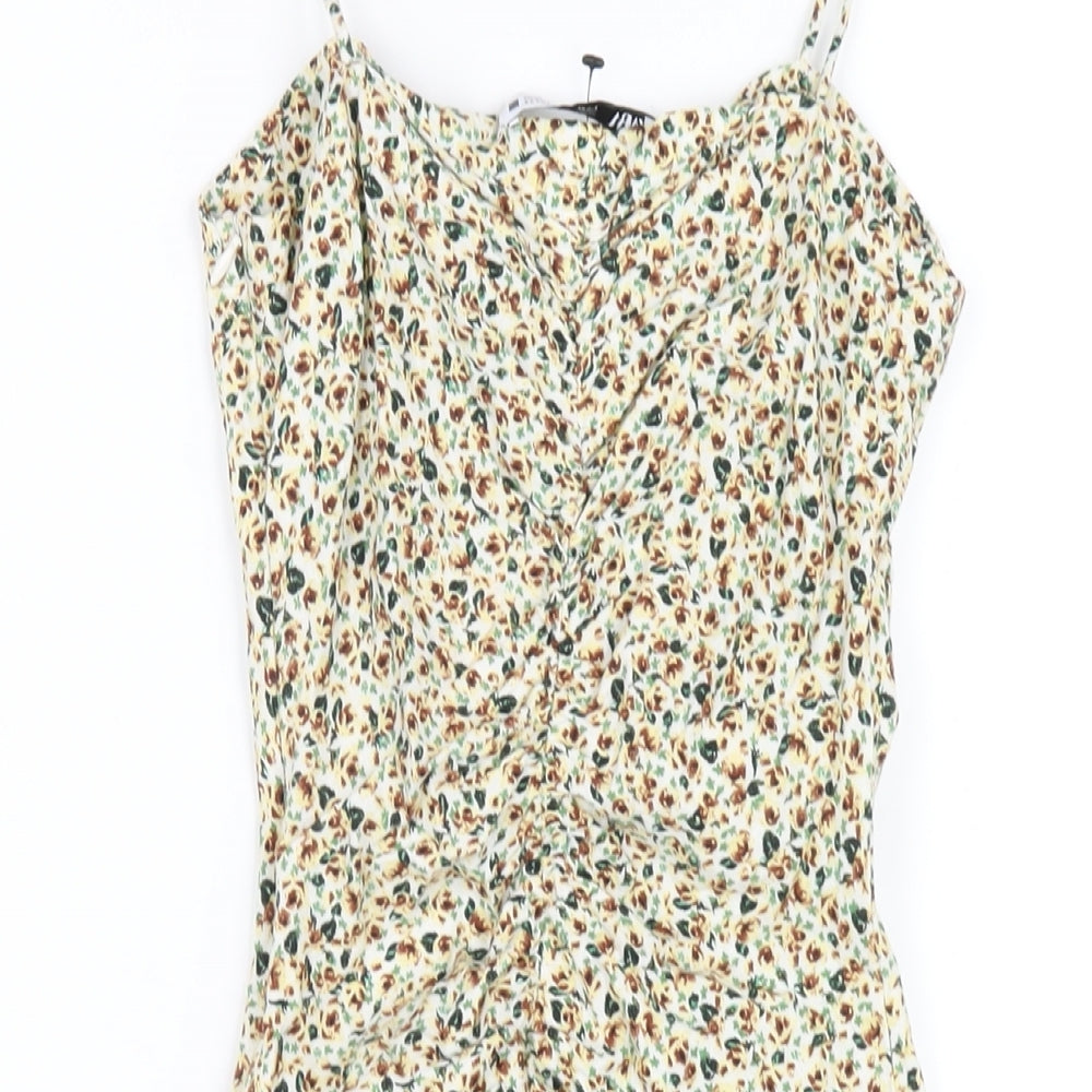Zara Womens Multicoloured Floral Linen Mini Size XS V-Neck Zip