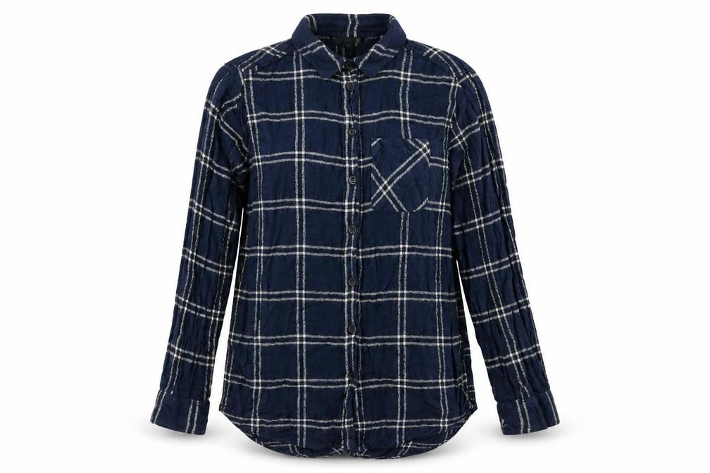 Front view of Topshop women’s blue plaid viscose basic blouse, size UK 8, collared