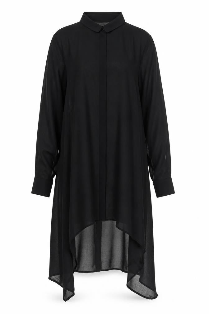 Front view of H&M women’s black polyester shirt dress, size UK 6, collared button