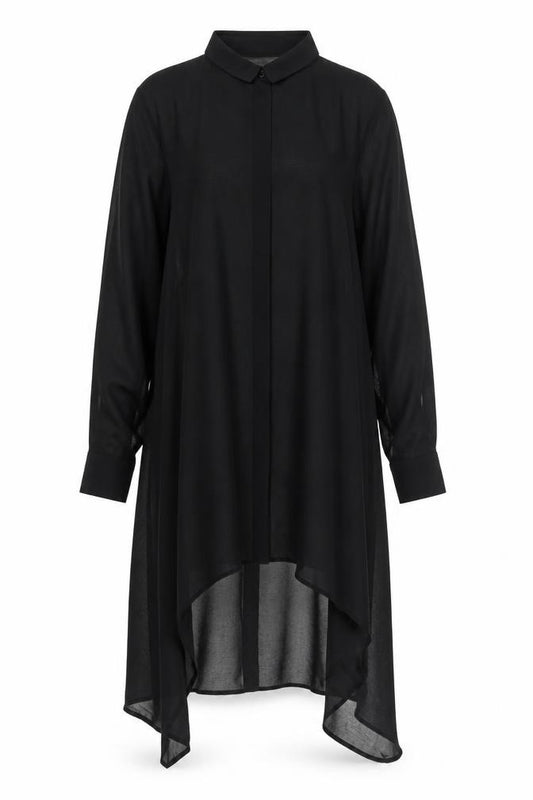 Front view of H&M women’s black polyester shirt dress, size UK 6, collared button