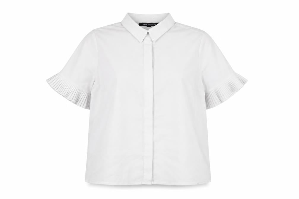 Front view of French Connection women’s grey polyester basic button-up, size S, collared