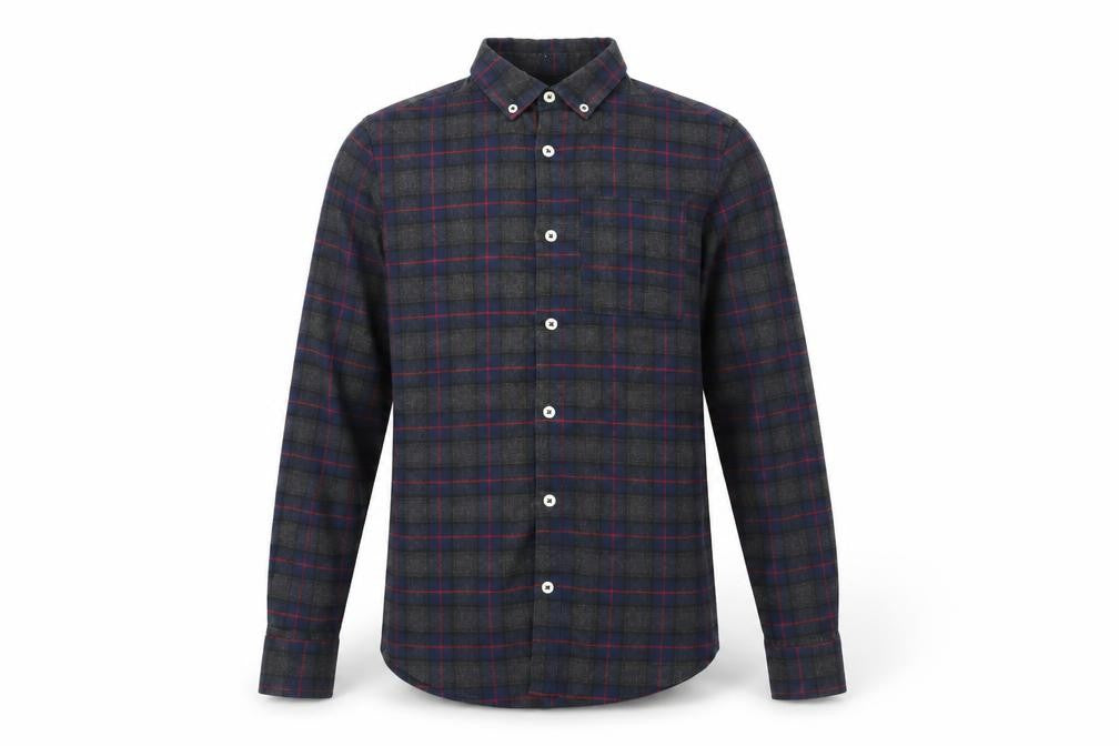 Front view of River Island men’s multicoloured plaid polyester button-up, size XS, collared button