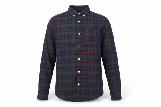 Front view of River Island men’s multicoloured plaid polyester button-up, size XS, collared button