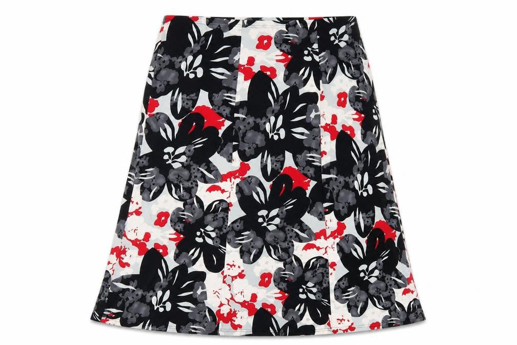 Front view of ELVI women’s multicoloured geometric polyester a-line skirt, size M