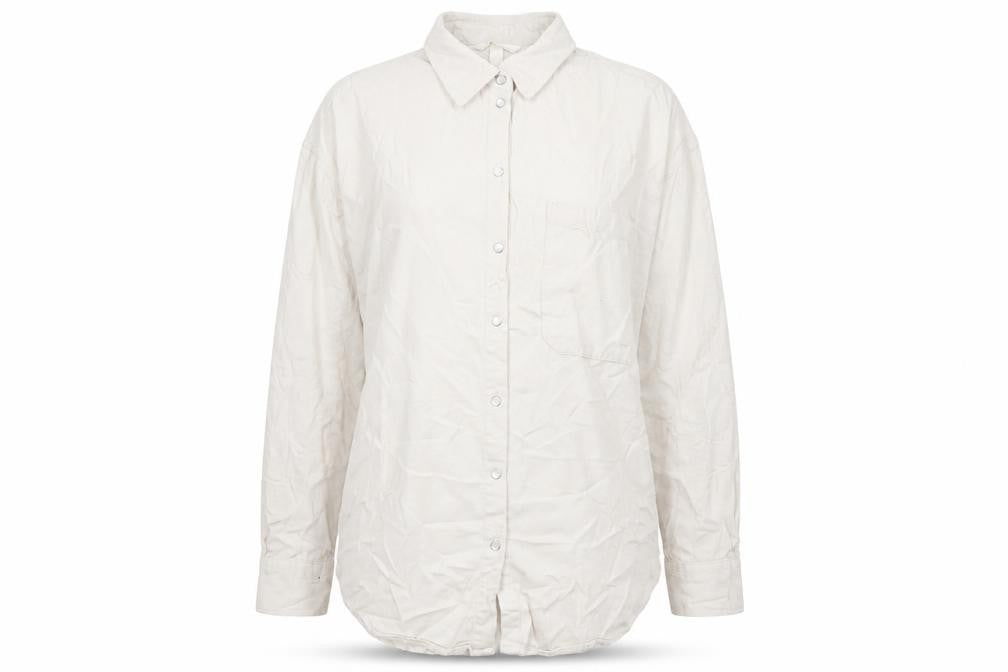 Front view of H&M women’s ivory cotton basic button-up, size S, collared