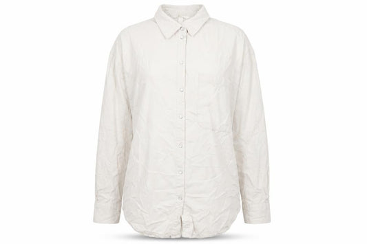Front view of H&M women’s ivory cotton basic button-up, size S, collared