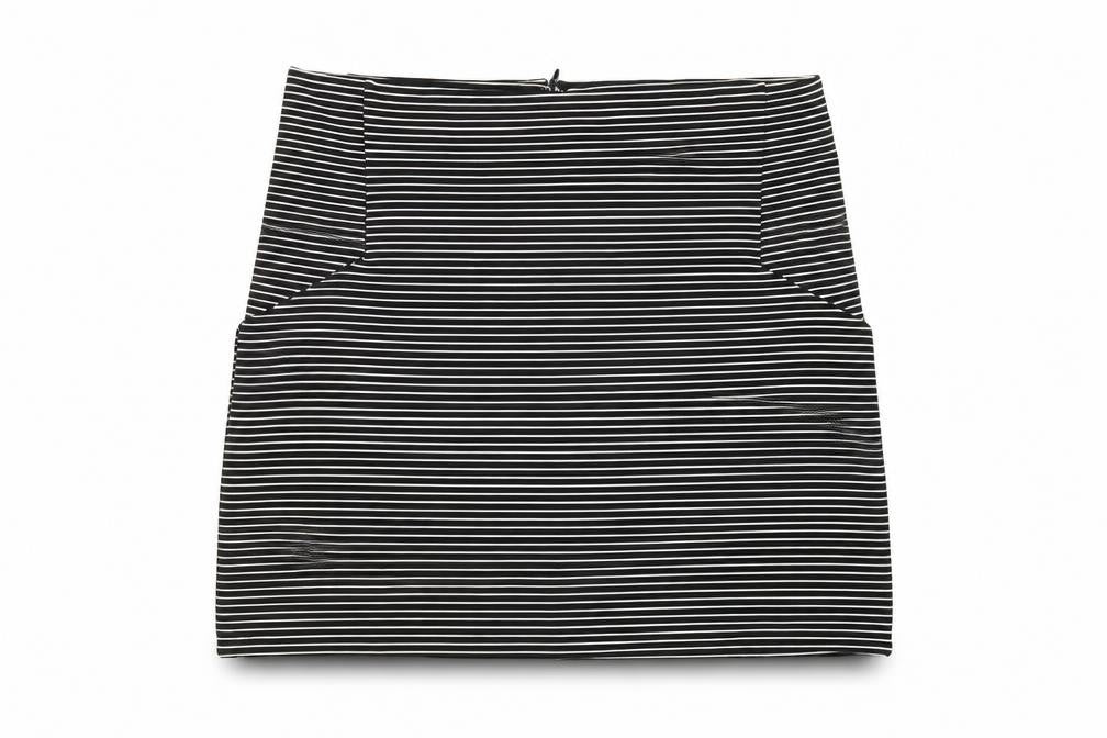 Front view of Topshop women’s black striped polyester a-line skirt, size UK 12, zip