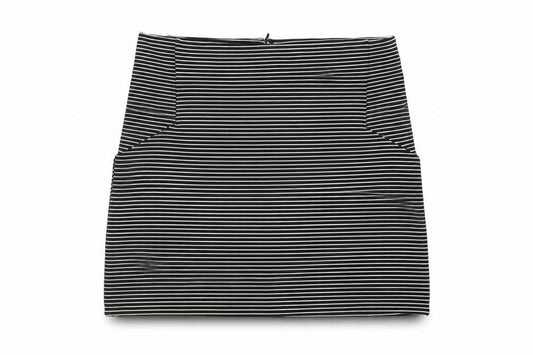 Front view of Topshop women’s black striped polyester a-line skirt, size UK 12, zip