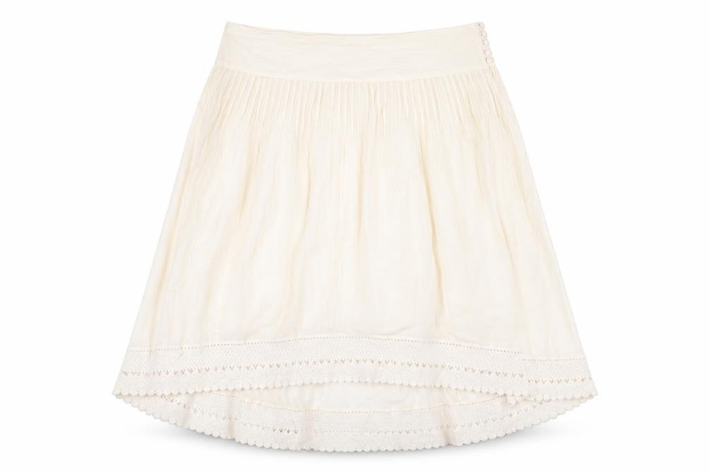 Front view of Monsoon women’s ivory cotton a-line skirt, size UK 14, button