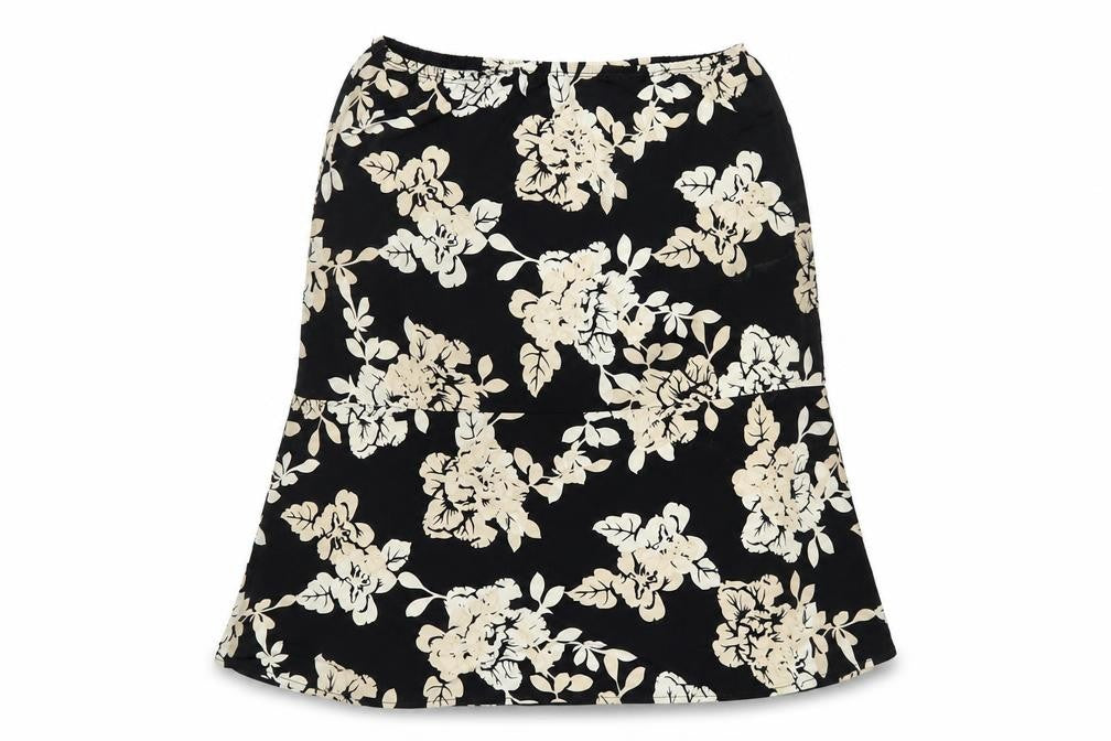 Front view of BCBGMAXAZRIA women’s black floral polyester a-line skirt, size L