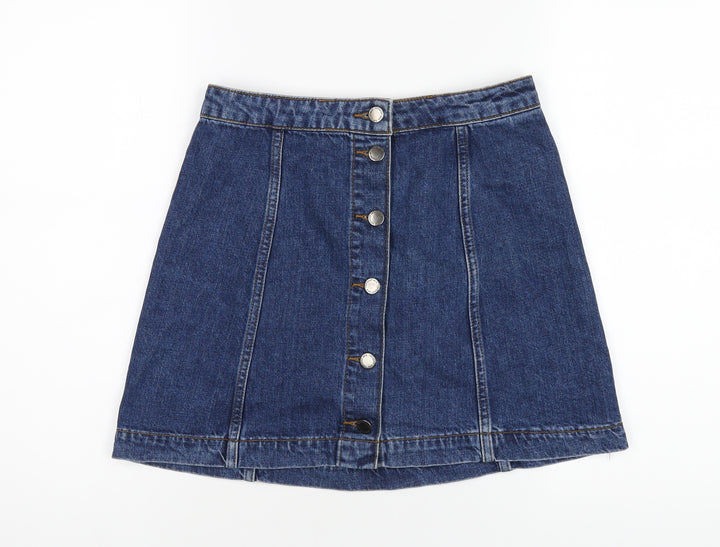Topshop Womens Blue Cotton A-Line Skirt Size 10 Button