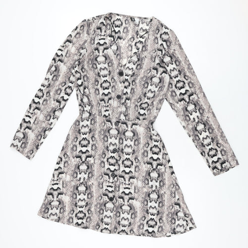 H&M Womens Grey Animal Print Polyester Skater Dress Size 6 V-Neck Button