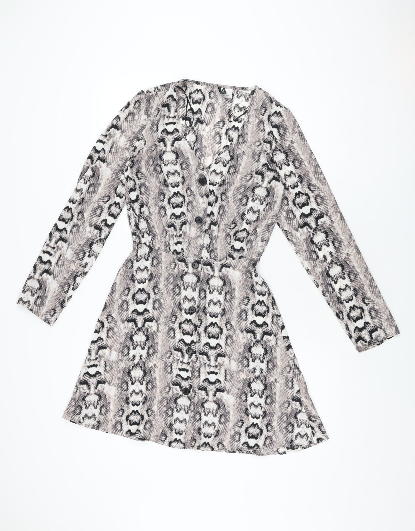 H&M Womens Grey Animal Print Polyester Skater Dress Size 6 V-Neck Button