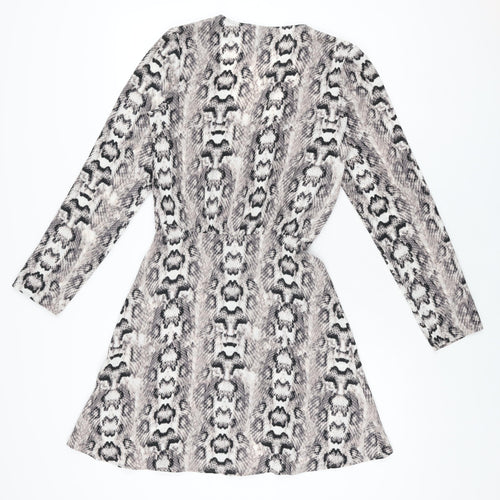 H&M Womens Grey Animal Print Polyester Skater Dress Size 6 V-Neck Button