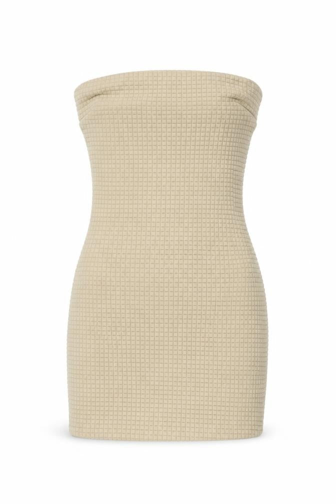 Front view of PRETTYLITTLETHING women’s beige polyester bodycon, size UK 8, off the shoulder zip