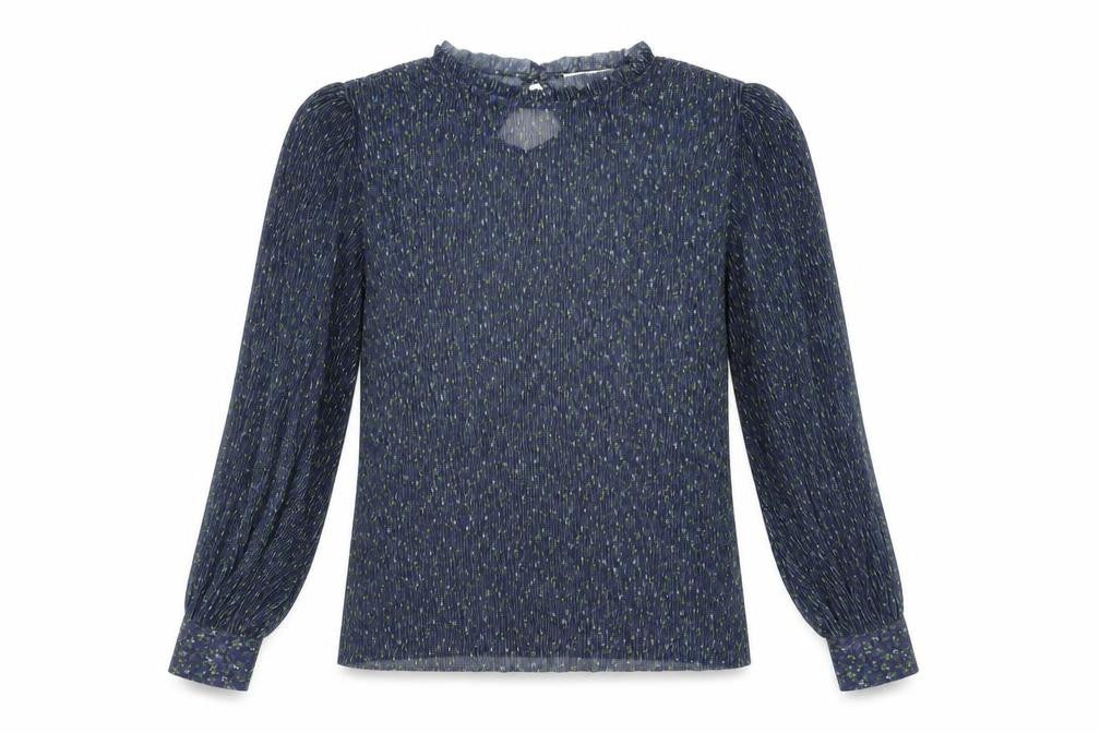 Front view of Grace & Mila women’s blue floral polyester basic blouse, size S, round neck