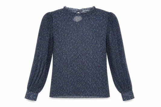 Front view of Grace & Mila women’s blue floral polyester basic blouse, size S, round neck