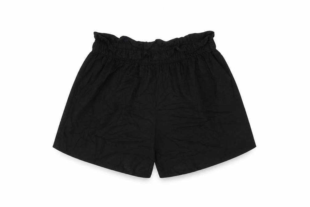 Front view of H&M women’s black viscose basic shorts, size UK 6, 3-inch leg regular pull on