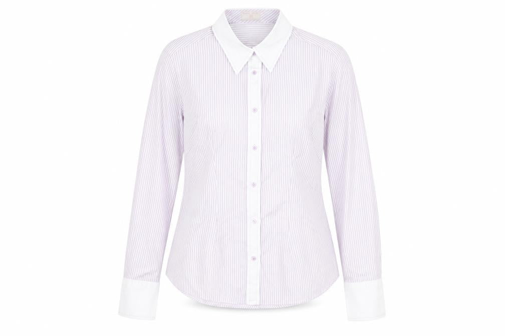 Front view of Haines & Bonner women’s purple striped polyester basic button-up, size UK 14, collared