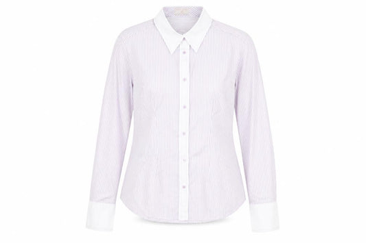 Front view of Haines & Bonner women’s purple striped polyester basic button-up, size UK 14, collared