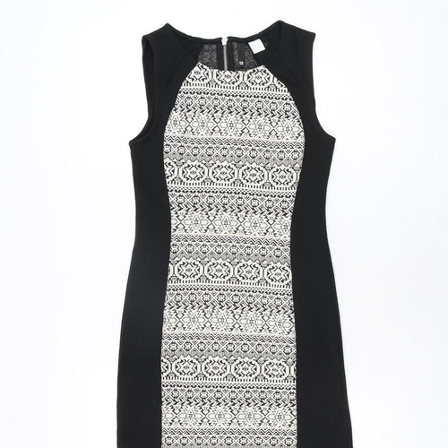 H&M Womens Black Geometric Polyester Bodycon Size 12 Round Neck Zip
