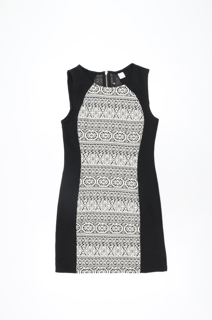 H&M Womens Black Geometric Polyester Bodycon Size 12 Round Neck Zip