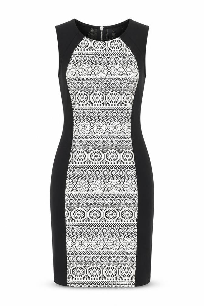 Front view of H&M women’s black geometric polyester bodycon, size UK 12, round neck zip