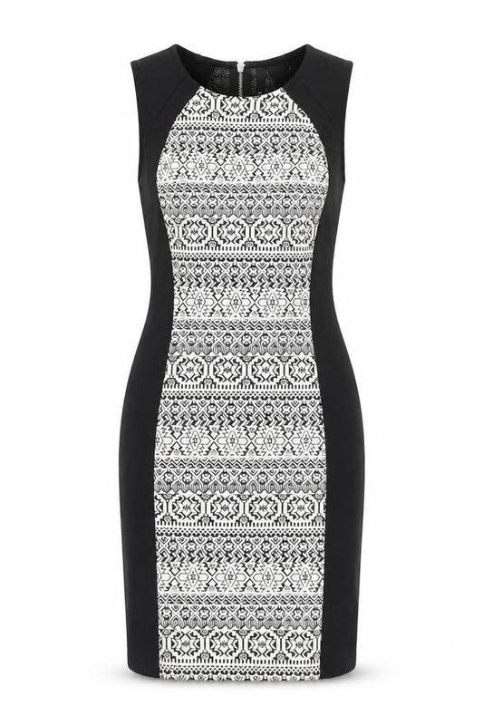 Front view of H&M women’s black geometric polyester bodycon, size UK 12, round neck zip