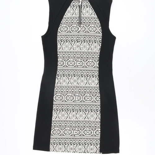 H&M Womens Black Geometric Polyester Bodycon Size 12 Round Neck Zip