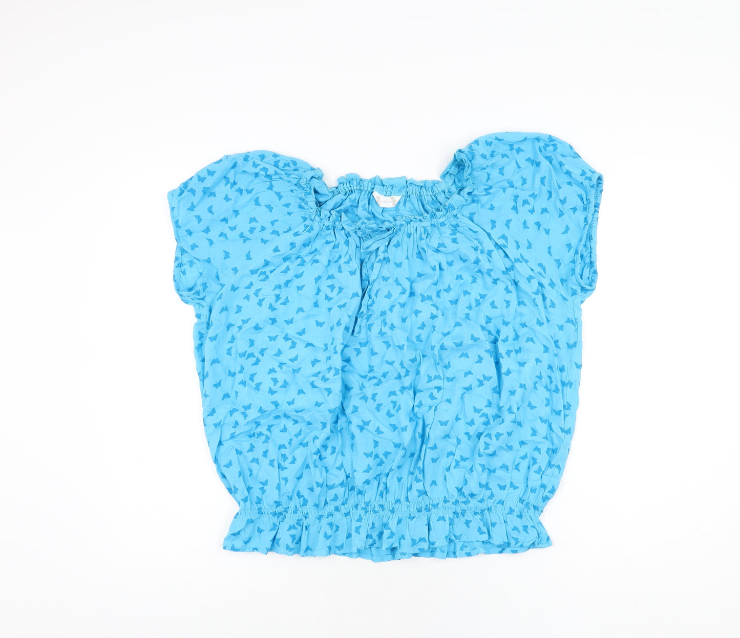 BHS Womens Blue Geometric Viscose Basic T-Shirt Size 18 Round Neck - Butterfly