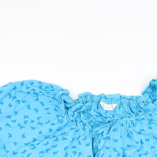 BHS Womens Blue Geometric Viscose Basic T-Shirt Size 18 Round Neck - Butterfly