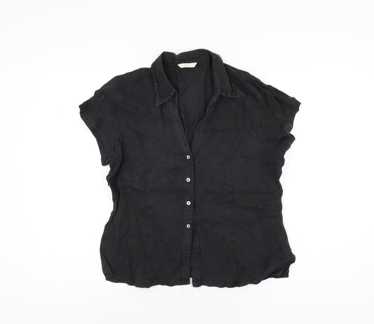 Marks and Spencer Womens Black Linen Basic Button-Up Size 16 Collared