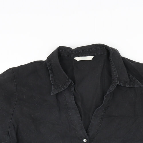 Marks and Spencer Womens Black Linen Basic Button-Up Size 16 Collared