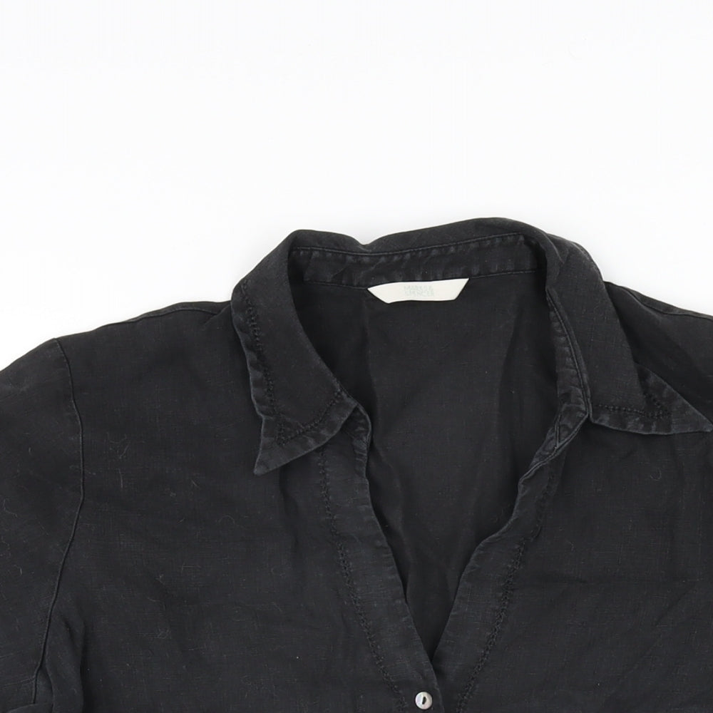 Marks and Spencer Womens Black Linen Basic Button-Up Size 16 Collared