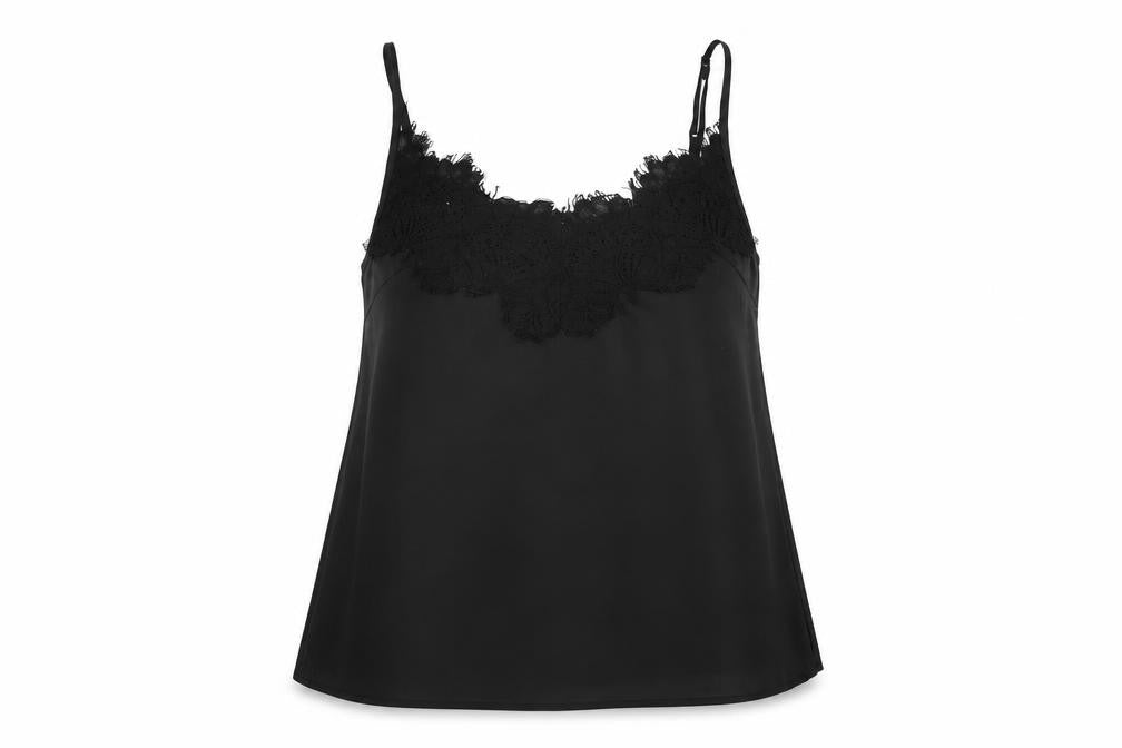 Front view of Missguided women’s black polyester camisole t-shirt, size UK 4, v-neck