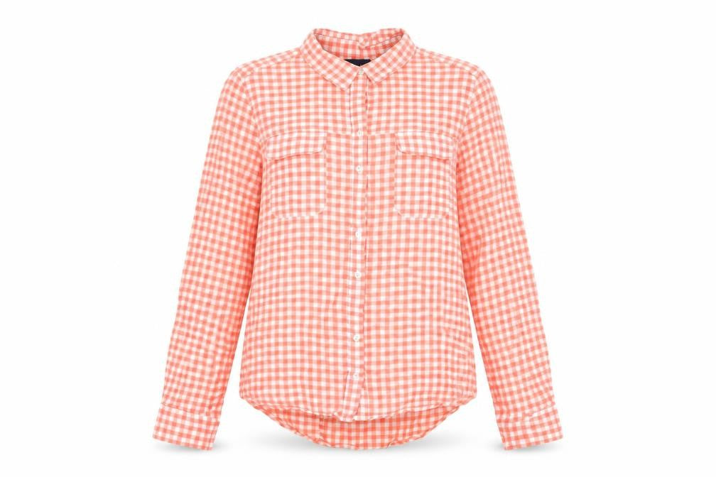 Front view of Gap women’s red geometric cotton basic button-up, size M, collared - gingham