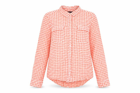 Front view of Gap women’s red geometric cotton basic button-up, size M, collared - gingham