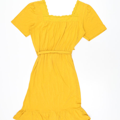 NEXT Womens Yellow Viscose Skater Dress Size 8 Square Neck Pullover