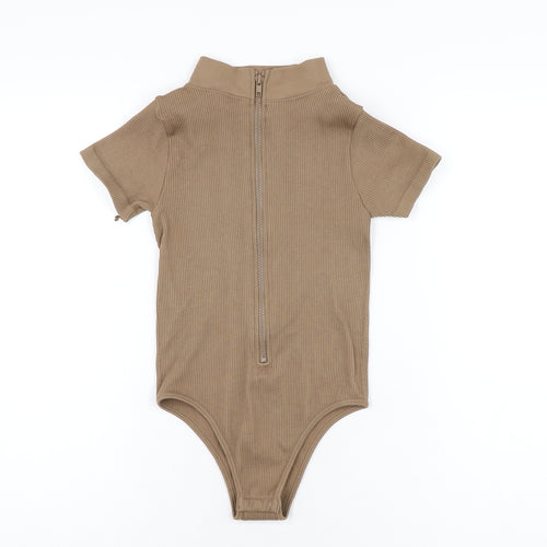 PRETTYLITTLETHING Womens Brown Polyamide Bodysuit One-Piece Size S Zip