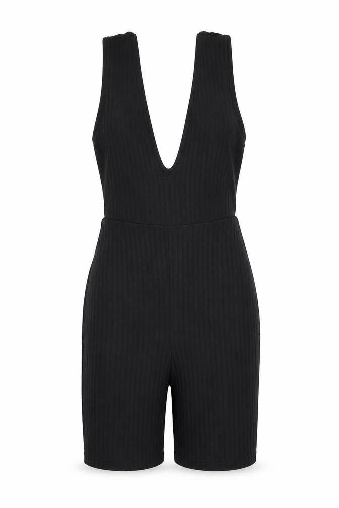 Front view of PRETTYLITTLETHING women’s black polyester playsuit one-piece, size UK 6, 6-inch leg pullover