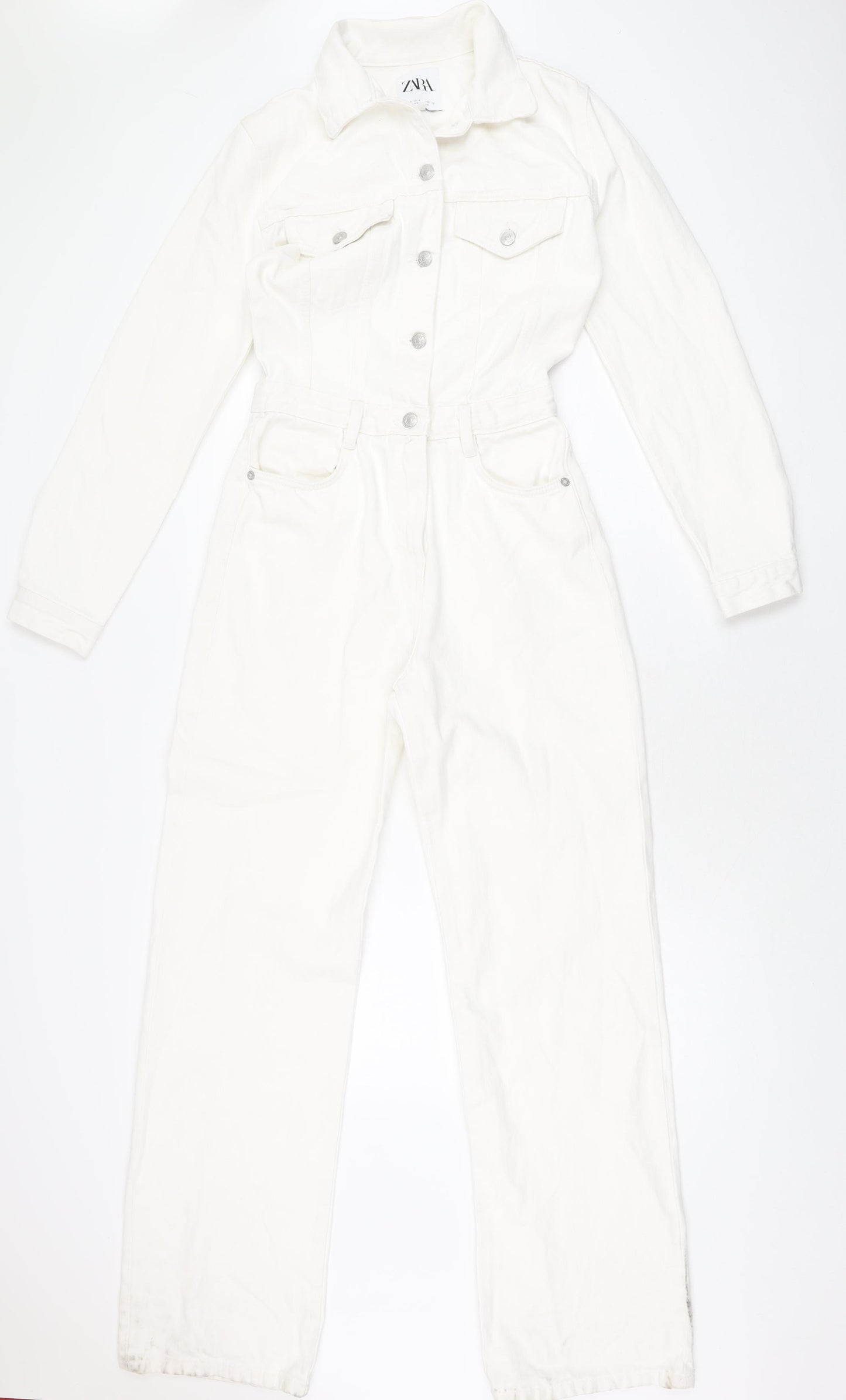 Zara Womens White Cotton Jumpsuit One-Piece Size S L32 in Button
