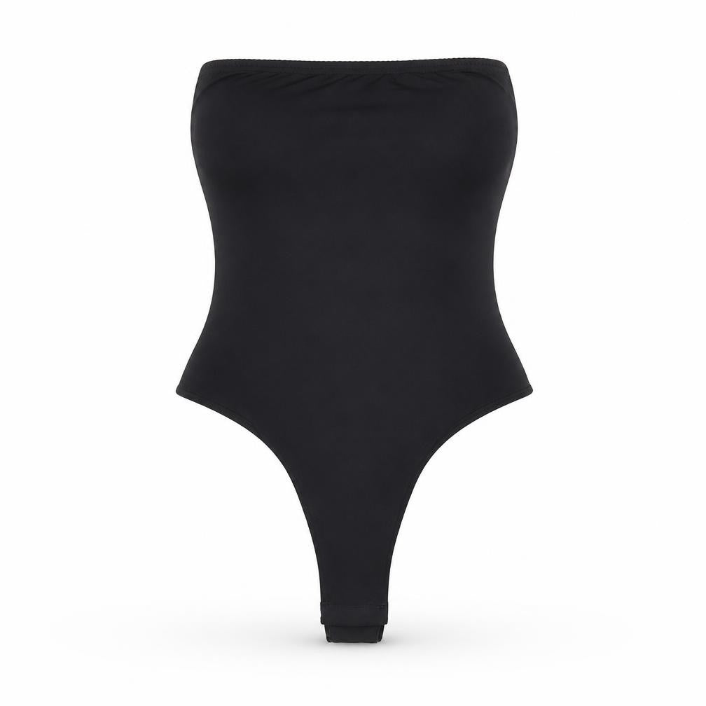 Front view of PRETTYLITTLETHING women’s black polyester bodysuit one-piece, size UK 12, snap