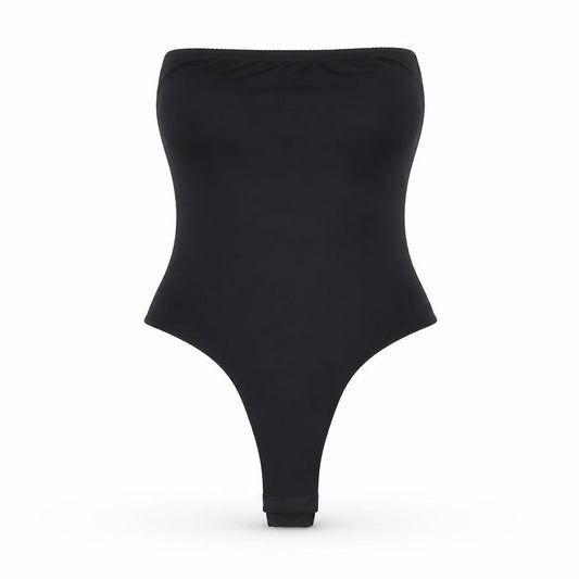 Front view of PRETTYLITTLETHING women’s black polyester bodysuit one-piece, size UK 12, snap